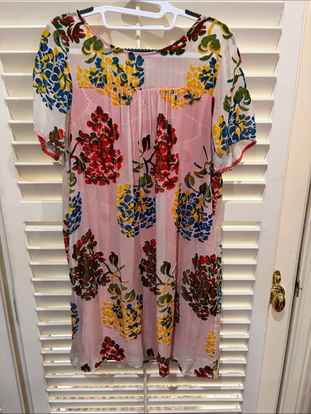 Maeve Pink Floral Short Sleeve Tunic Dress. Sheer Top and Red Slip. Small